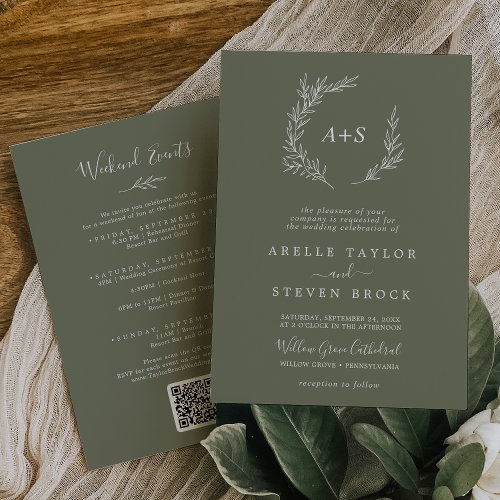 Minimal Leaf  Dark Green Weekend Events Wedding Invitation