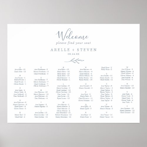 Minimal Leaf Dusty Blue Alphabetical Seating Chart