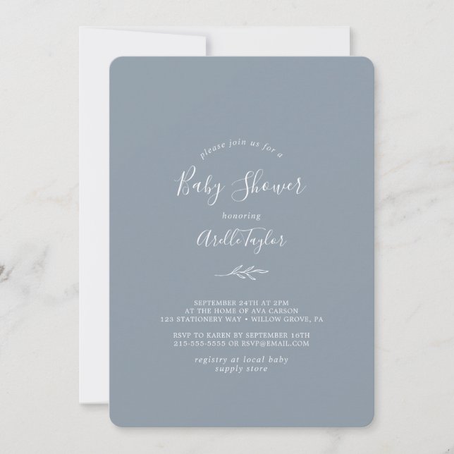 Minimal Leaf | Dusty Blue Baby Shower Invitation (Front)