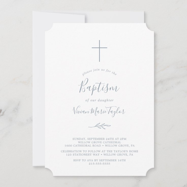 Minimal Leaf | Dusty Blue Baptism Invitation | Zazzle