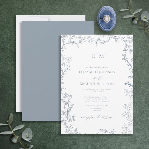 Minimal Leaf Dusty Blue Elegant Monogram Wedding Invitation