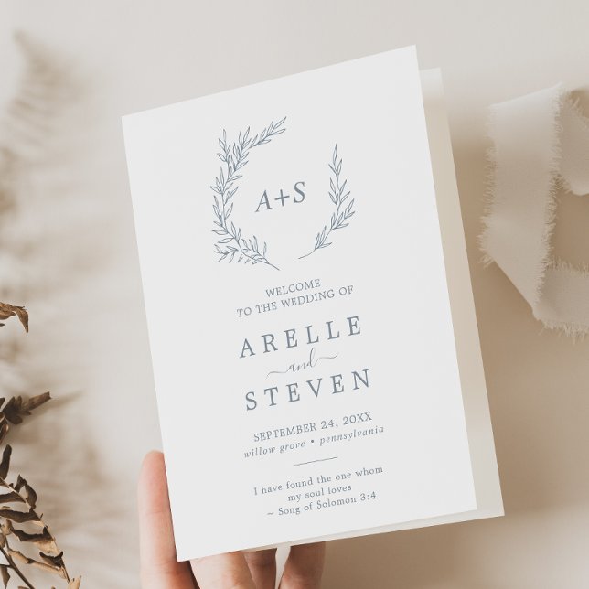 Minimal Leaf | Dusty Blue Folded Wedding Program (Creator Uploaded)