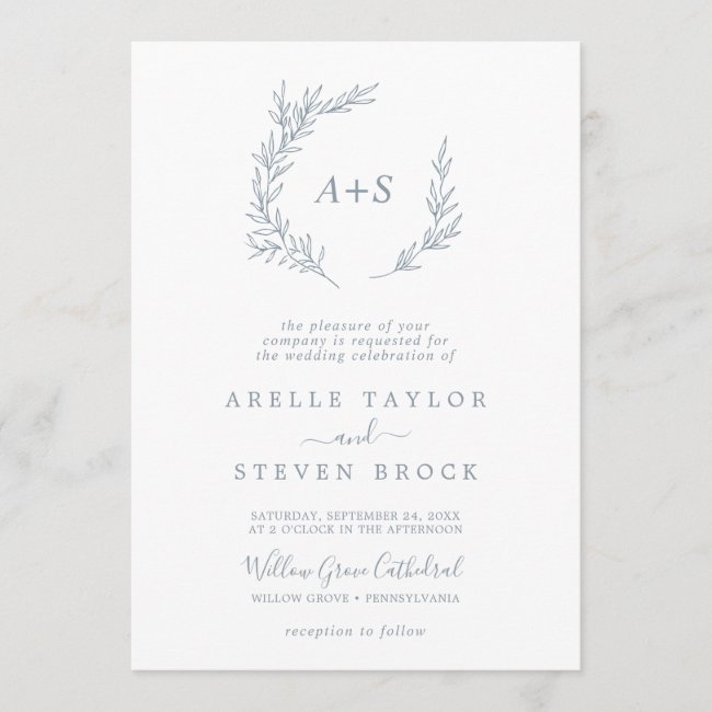 Minimal Leaf | Dusty Blue Formal Monogram Wedding Invitation