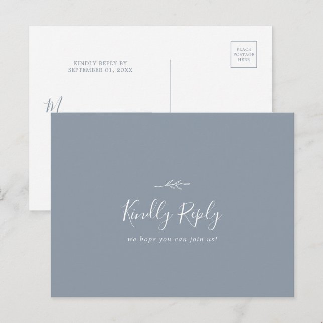 Minimal Leaf Dusty Blue Menu Choice RSVP Postcard (Front/Back)