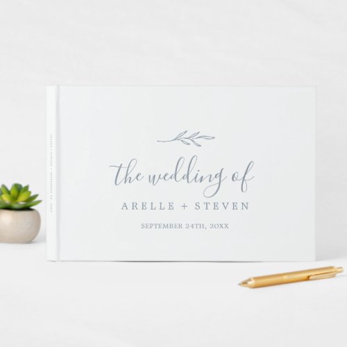 Minimal Leaf  Dusty Blue Monogram Back Wedding Guest Book