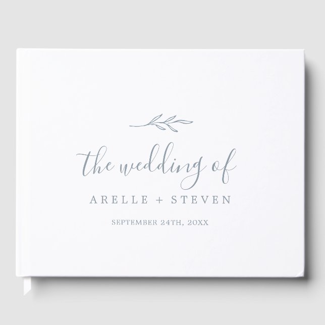 Minimal Leaf | Dusty Blue Monogram Back Wedding Guest Book (Front)