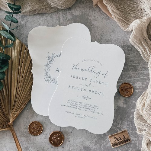 Minimal Leaf  Dusty Blue Monogram Back Wedding Invitation