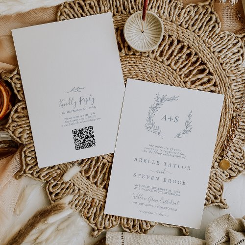 Minimal Leaf  Dusty Blue Monogram QR Code Wedding Invitation