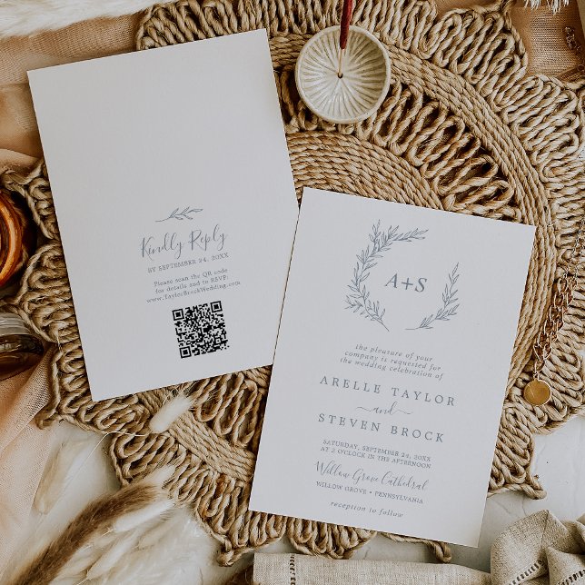 Minimal Leaf | Dusty Blue Monogram QR Code Wedding Invitation (Creator Uploaded)