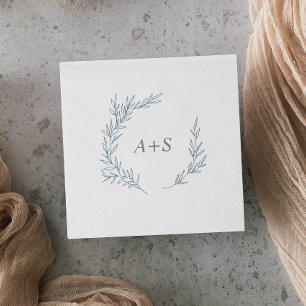 Minimal Leaf Dusty Blue Monogram Wedding Napkins