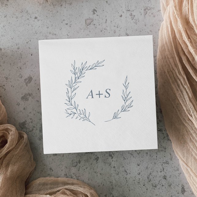 Minimal Leaf | Dusty Blue Monogram Wedding Napkins (Creator Uploaded)