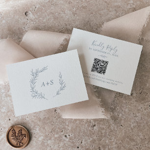 Minimal Leaf Dusty Blue QR Code Monogram RSVP Enclosure Card