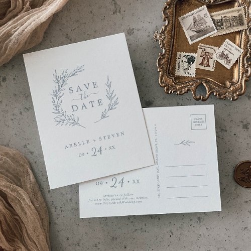 Minimal Leaf  Dusty Blue Save the Date Invitation Postcard