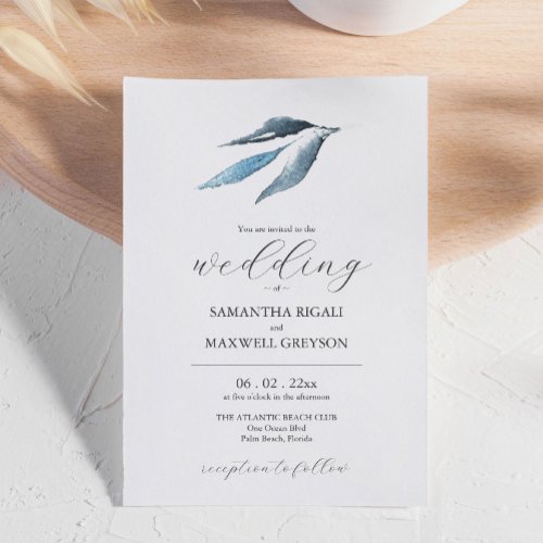Minimal Leaf Dusty Blue Wedding Invitation