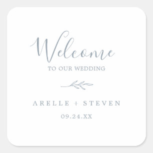 Minimal Leaf Dusty Blue Wedding Welcome Square Sticker