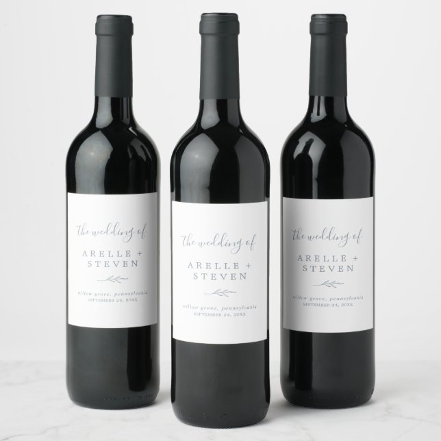 Minimal Leaf | Dusty Blue Wedding Wine Label (Bottles)