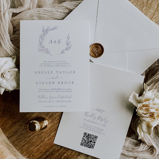 Minimal Leaf Dusty Purple Monogram QR Code Wedding Invitation (Creator Uploaded)