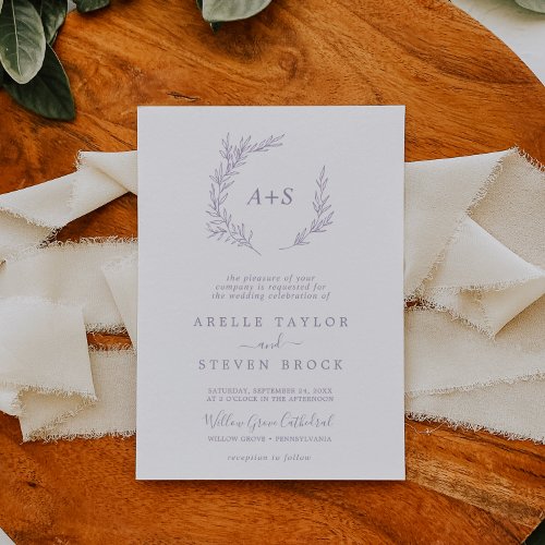 Minimal Leaf  Dusty Purple Monogram Wedding Invitation