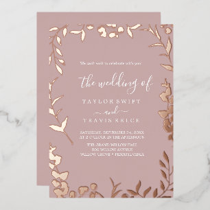 Minimal Leaf Dusty Rose and Rose Gold Foil Invitation