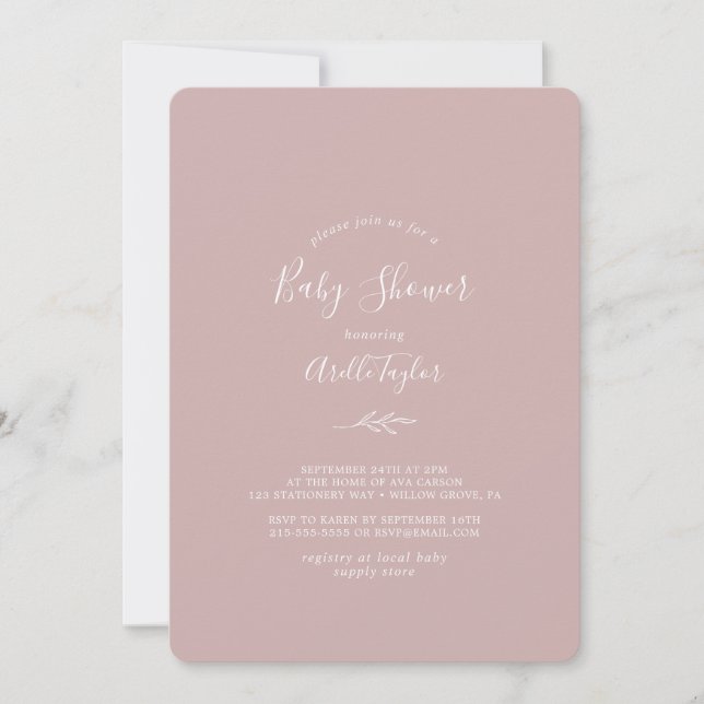 Minimal Leaf | Dusty Rose Baby Shower Invitation (Front)