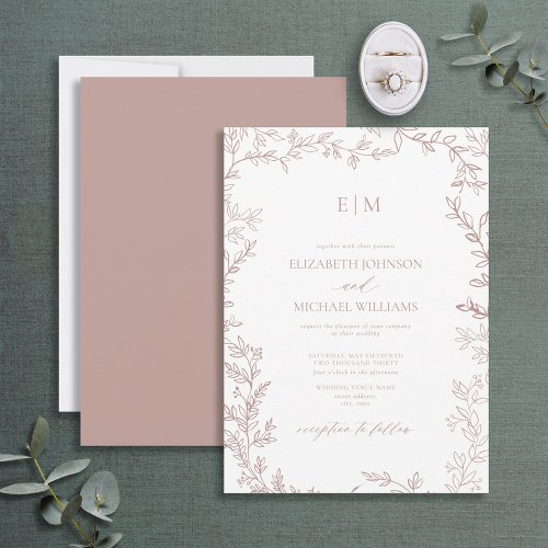 Minimal Leaf Dusty Rose Elegant Monogram Wedding Invitation