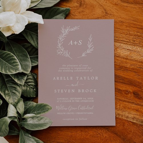 Minimal Leaf  Dusty Rose Formal Monogram Wedding Invitation