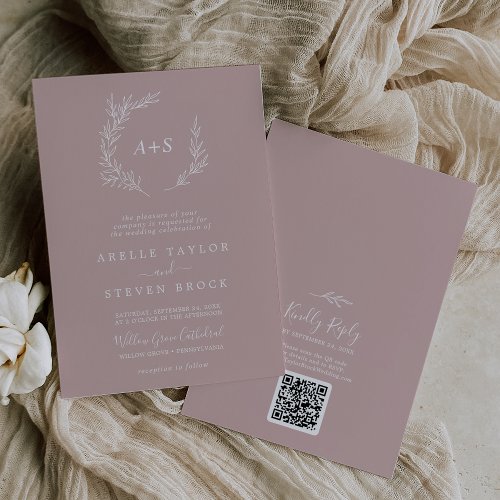 Minimal Leaf  Dusty Rose Monogram QR Code Wedding Invitation
