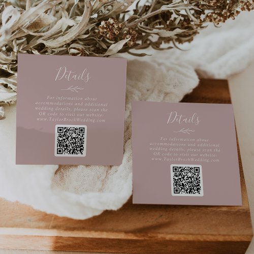 Minimal Leaf  Dusty Rose QR Code Wedding Details Enclosure Card