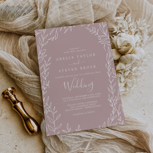 Minimal Leaf  Dusty Rose Wedding Invitation