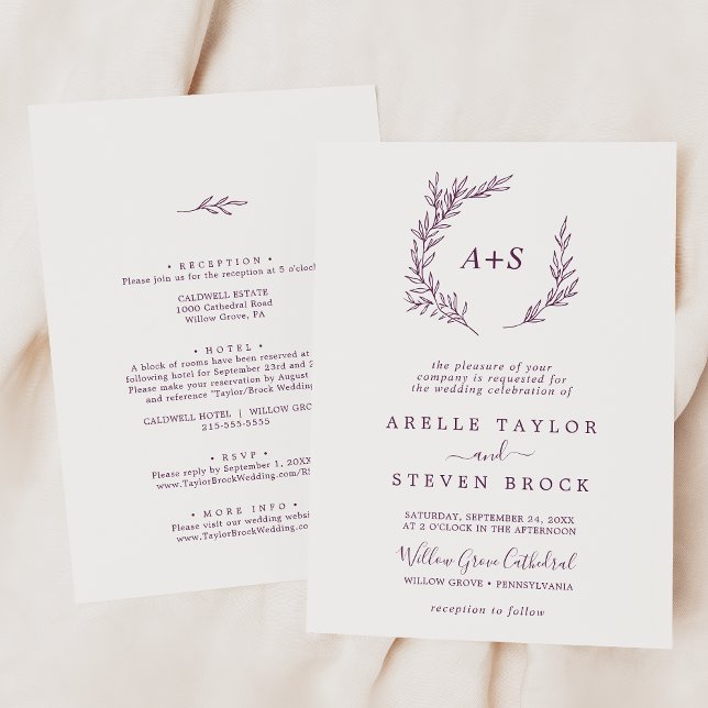 Minimal Leaf | Eggplant All In One Wedding Invitation (Creator Uploaded)