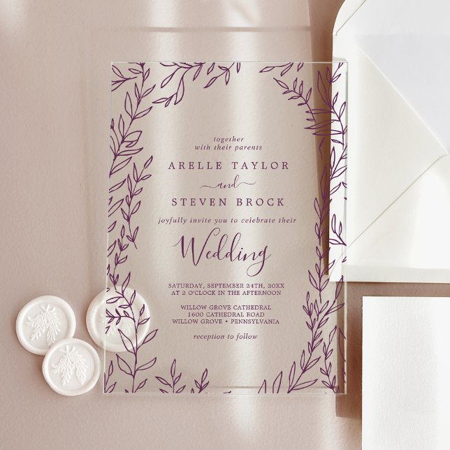 Minimal Leaf Eggplant Greenery Elegant Wedding Acrylic Invitations (Minimal Leaf Eggplant Greenery Elegant Wedding Acrylic Invitations)