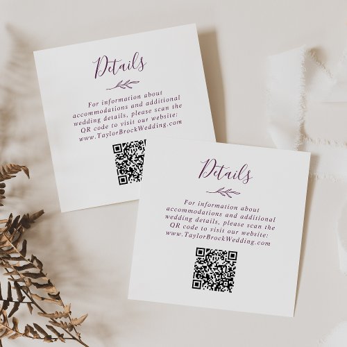 Minimal Leaf  Eggplant QR Code Wedding Details Enclosure Card