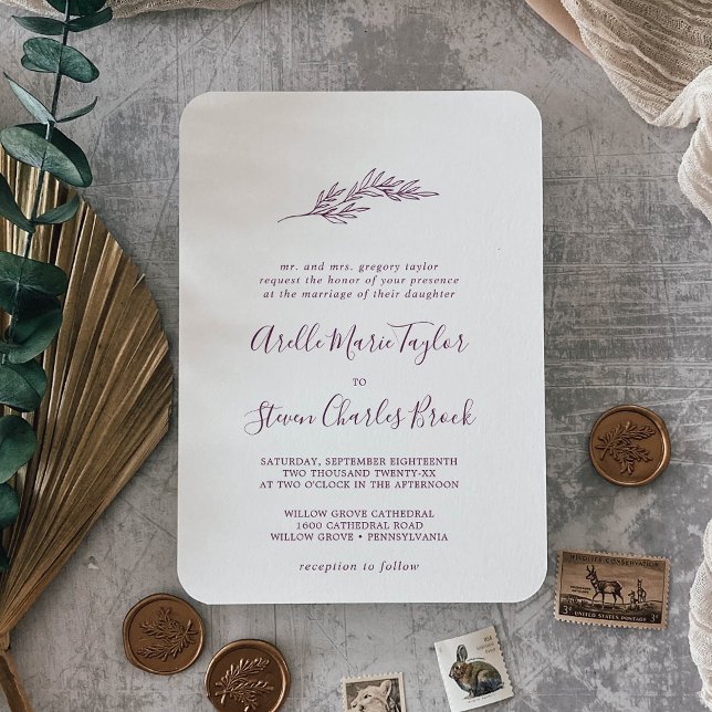 Minimal Leaf | Eggplant Traditional Wedding Invitation (Creator Uploaded)