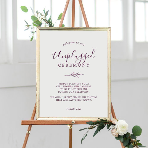 Minimal Leaf  Eggplant Unplugged Ceremony Sign