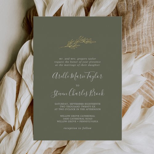 Minimal Leaf  Foil Dark Green Traditional Wedding Foil Invitation