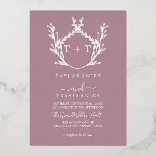 Minimal Leaf Foil Mauve Formal Monogram Wedding Invitation