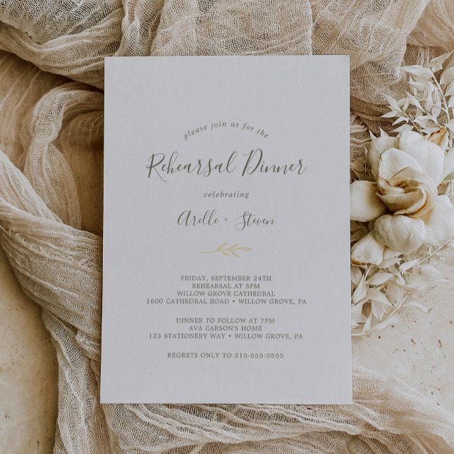 Minimal Leaf Foil | Olive Green Rehearsal Dinner Foil Invitation (Creator Uploaded)