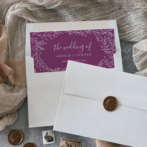 Minimal Leaf Frame | Berry Purple Wedding Envelope Liner