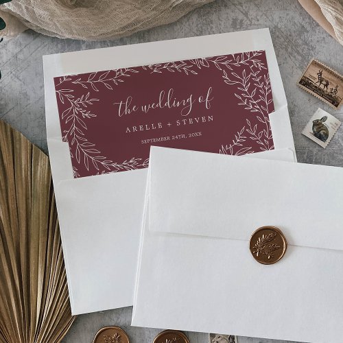 Minimal Leaf Frame  Burgundy Wedding Envelope Liner