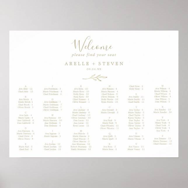 Minimal Leaf Gold Alphabetical Seating Chart (Front)