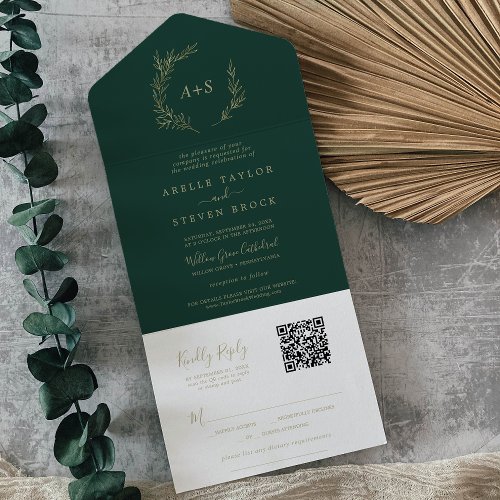 Minimal Leaf  Gold and Emerald QR Code Wedding All In One Invitation