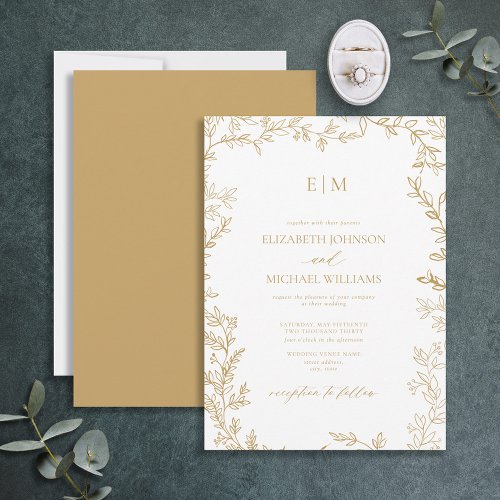 Minimal Leaf Gold Elegant Monogram Wedding Invitation