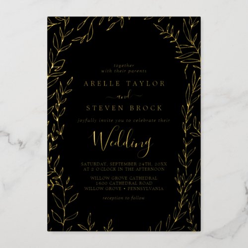 Minimal Leaf  Gold Foil Black Frame Wedding Foil Invitation