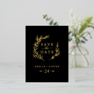 Minimal Leaf   Gold Foil Black Save the Date Foil Invitation Postcard