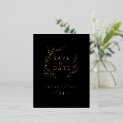Minimal Leaf  Gold Foil Black Save the Date Foil Invitation Postcard