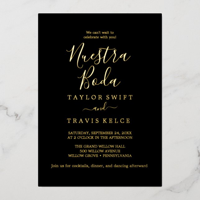 Minimal Leaf Gold Foil Black Spanish "Nuestra Boda Invitation (Front)