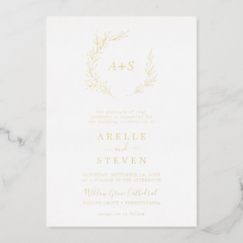 Minimal Leaf Gold Foil Bold Name Monogram Wedding Foil Invitation