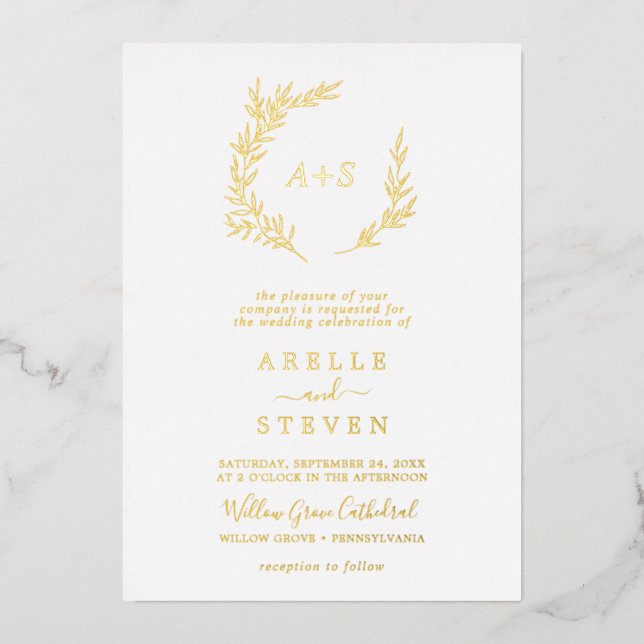 Minimal Leaf Gold Foil Bold Name Monogram Wedding Invitation (Front)