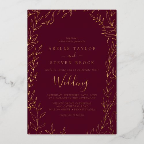 Minimal Leaf  Gold Foil Burgundy Frame Wedding Foil Invitation