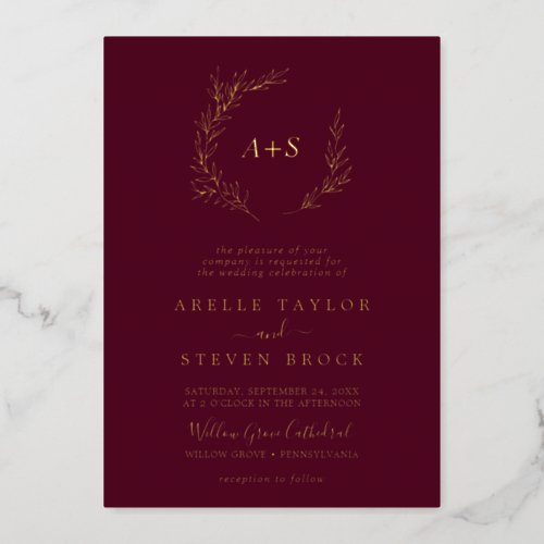 Minimal Leaf  Gold Foil Burgundy Monogram Wedding Foil Invitation